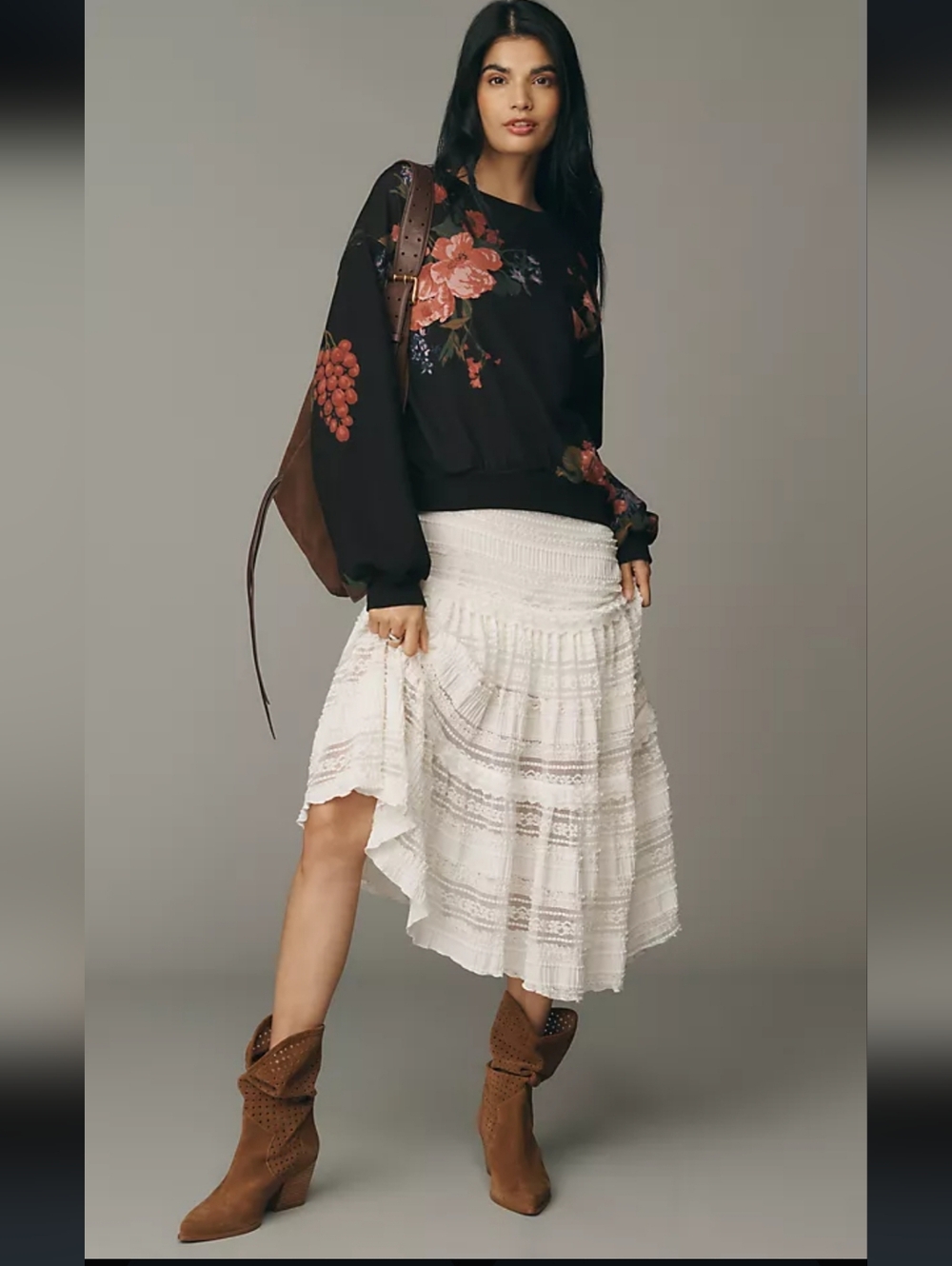 The Niki Bubble Sweatshirt by Pilcro | Anthropologie Floral Print Black Top - Picture 2 of 10